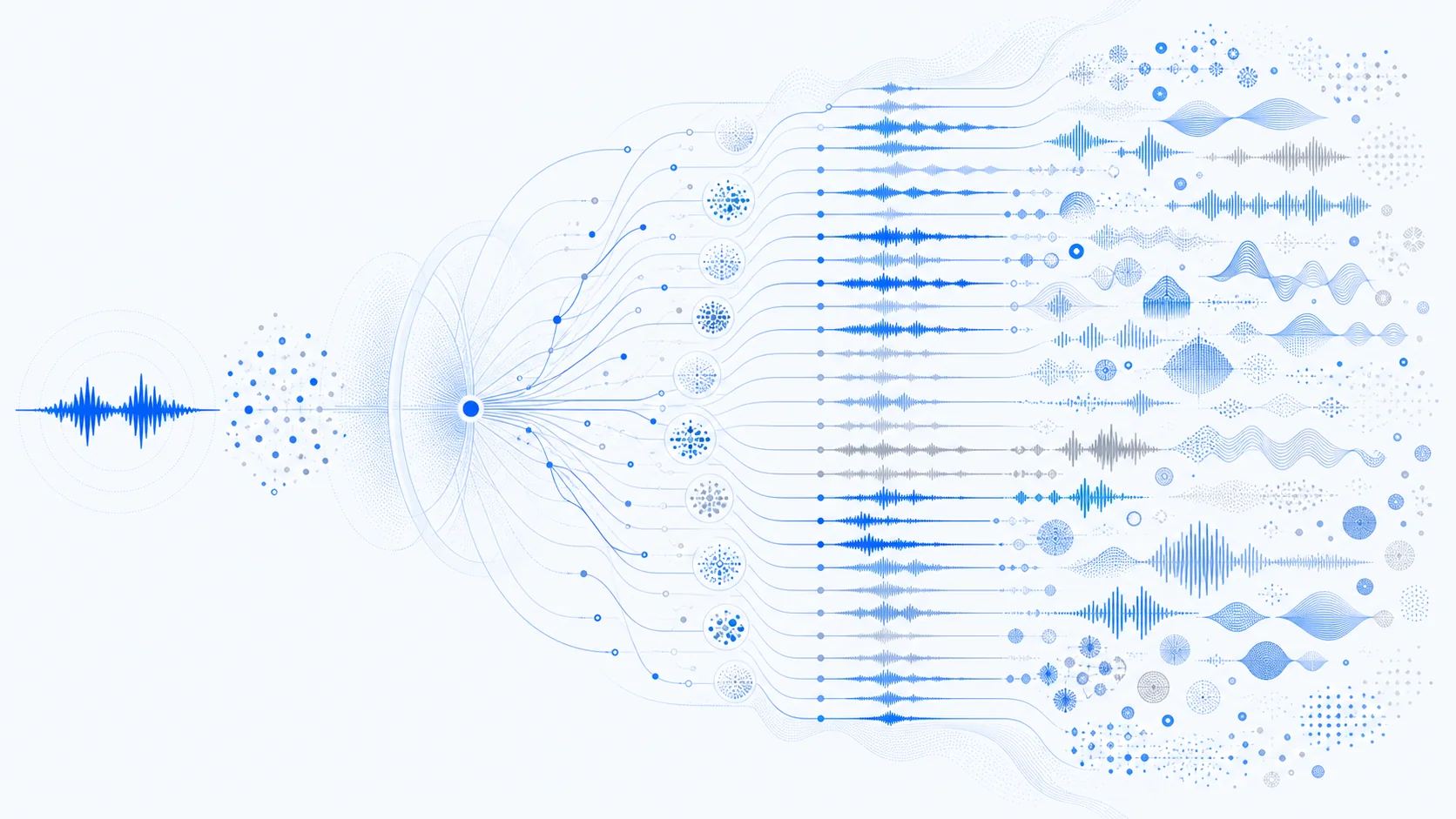 One speech waveform expanding into many distinct acoustic representations