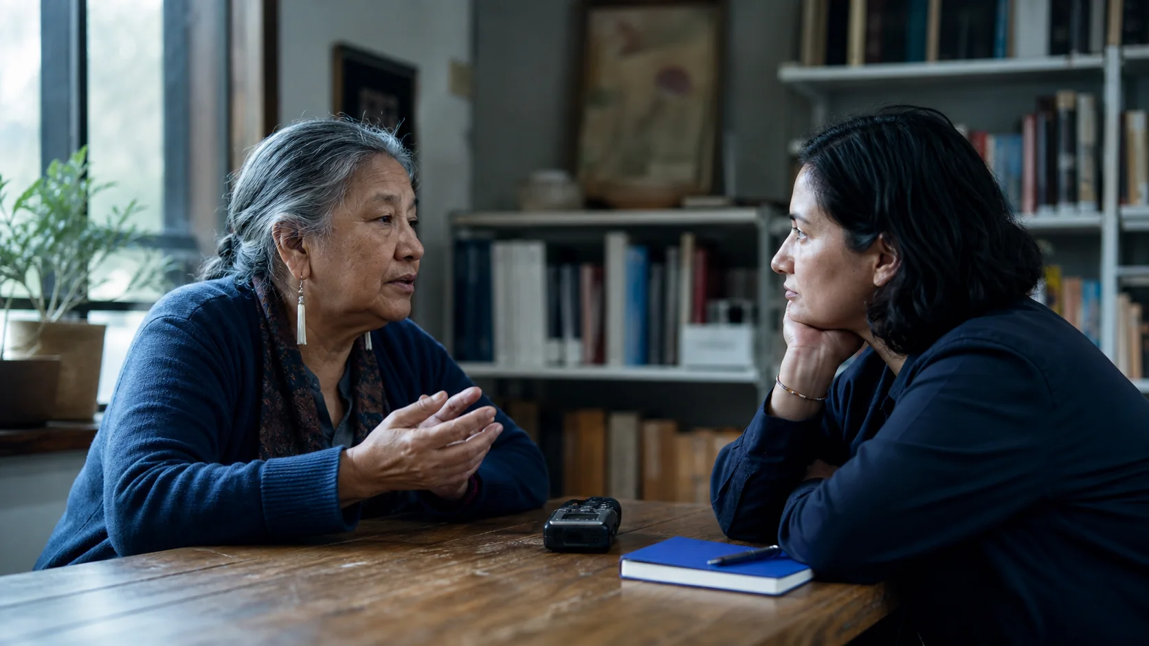 An oral-history interviewer listening to an older speaker beside a discreet audio recorder
