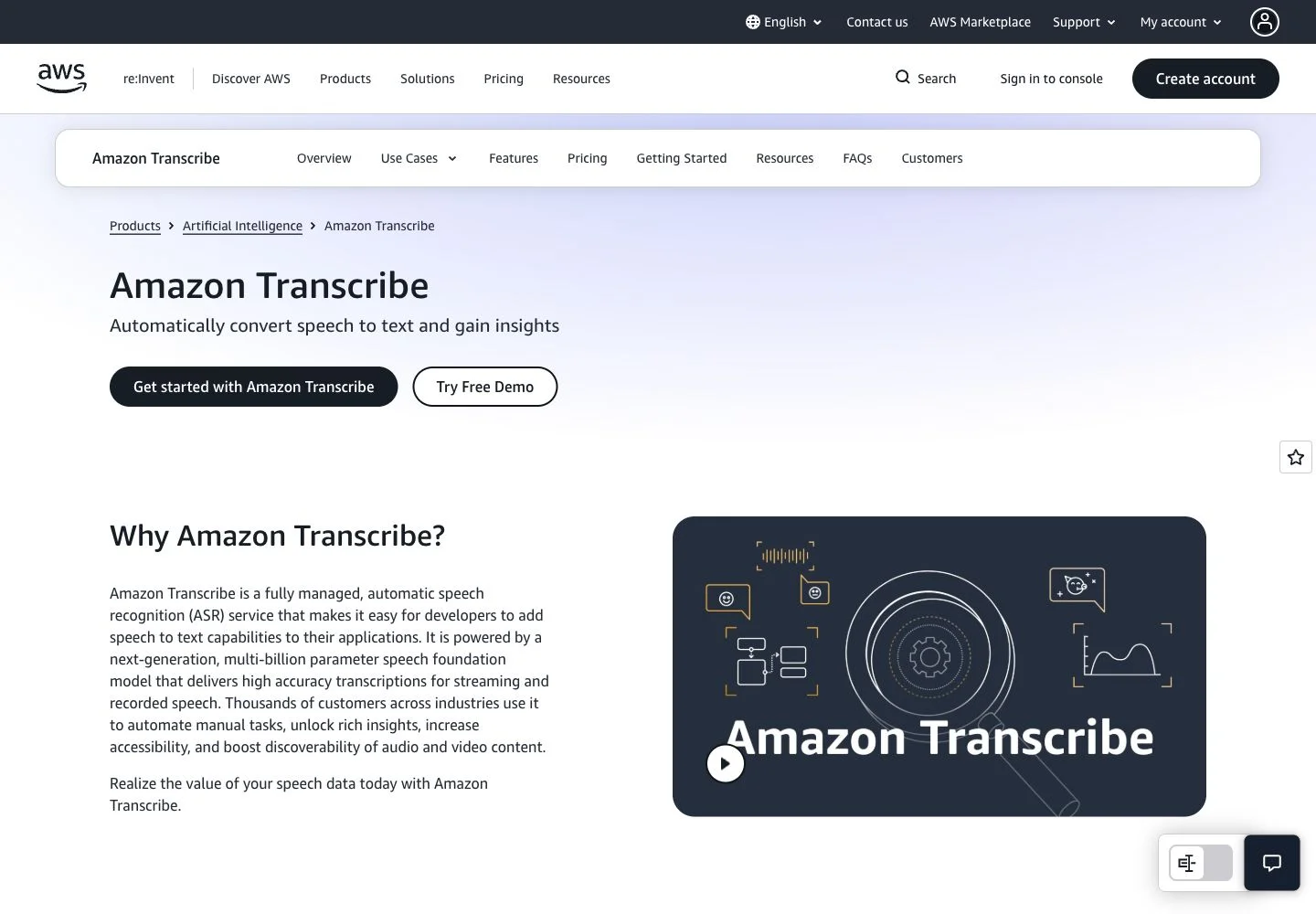 Screenshot of the official Amazon Transcribe landing page