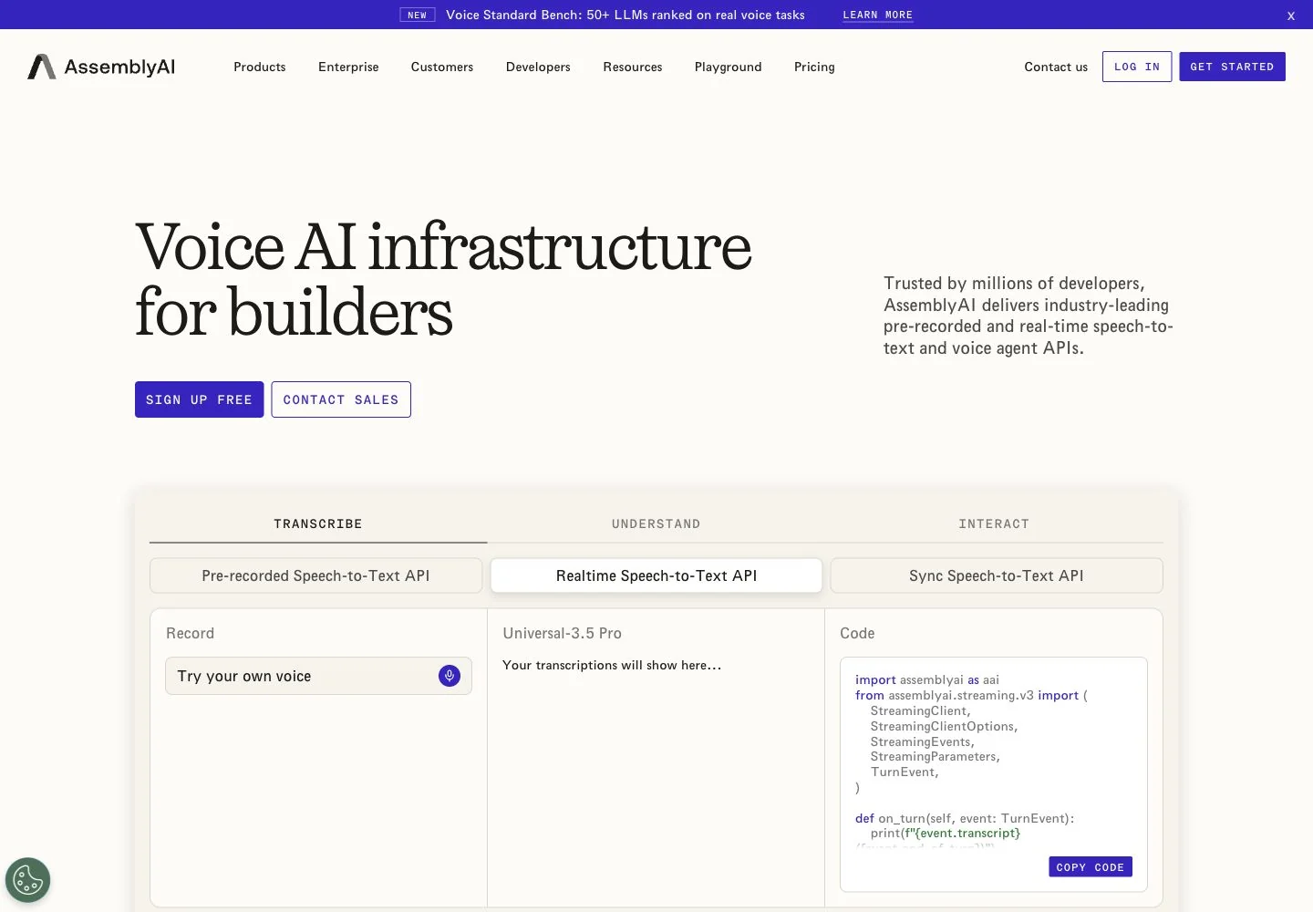 Screenshot of the official AssemblyAI landing page