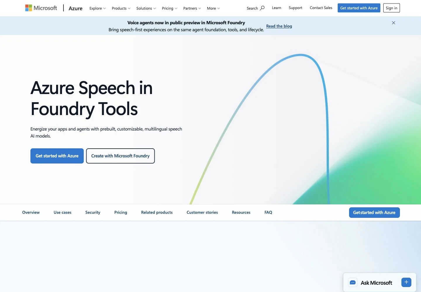 Screenshot of the official Microsoft Azure Speech landing page