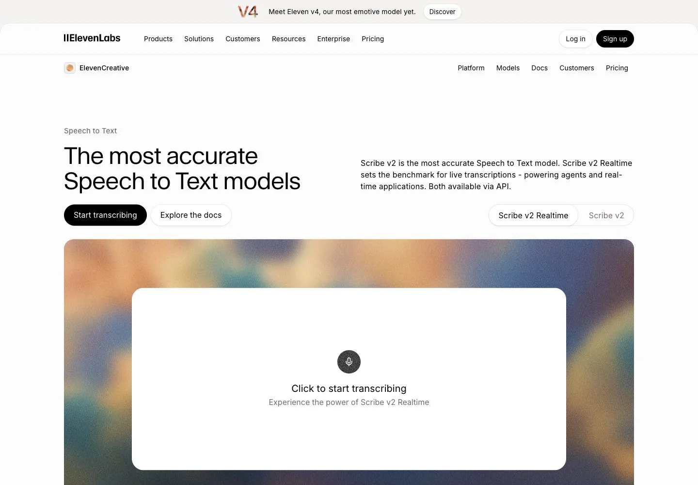 Screenshot of the official ElevenLabs Scribe speech-to-text landing page