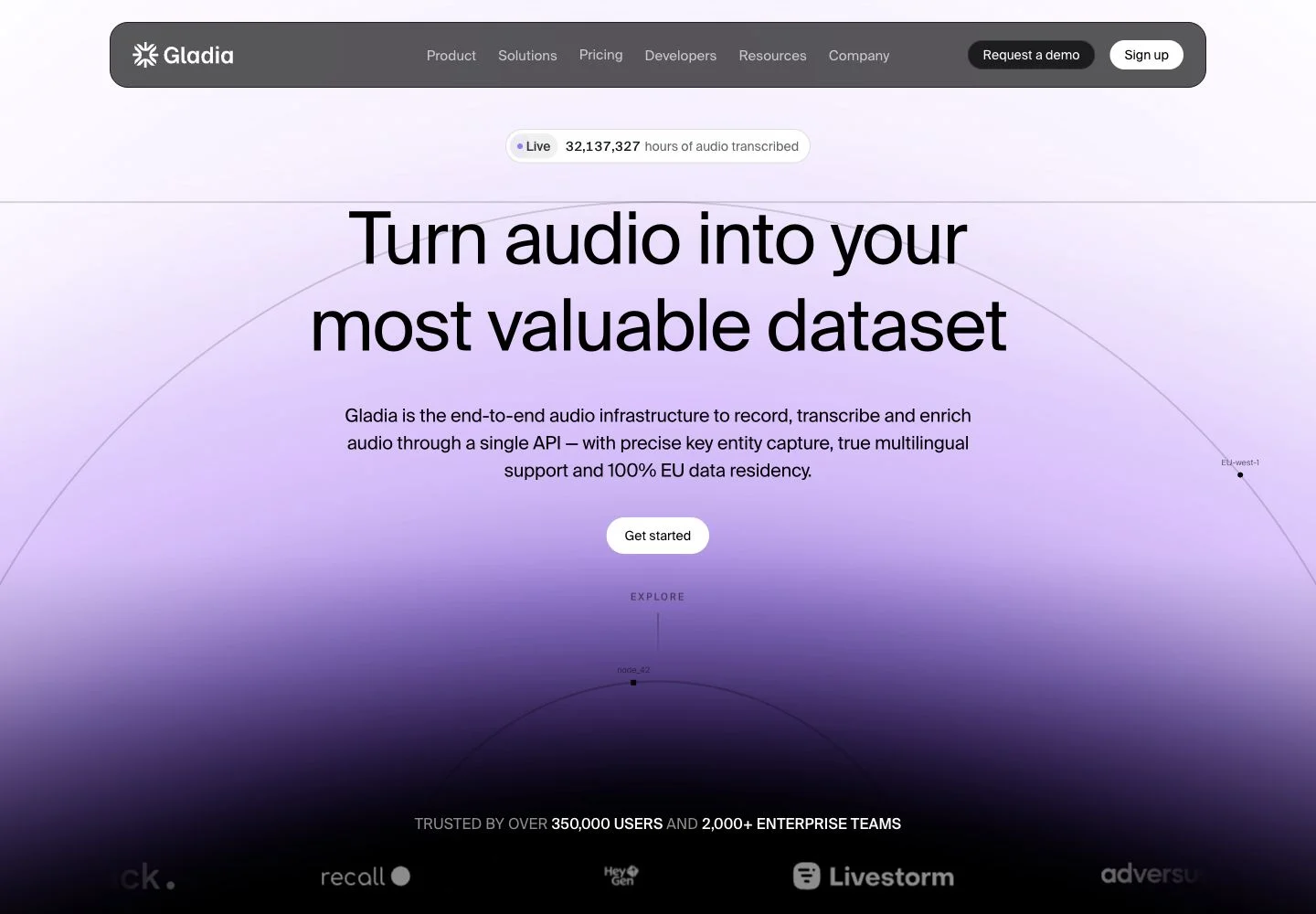 Screenshot of the official Gladia speech-to-text API landing page