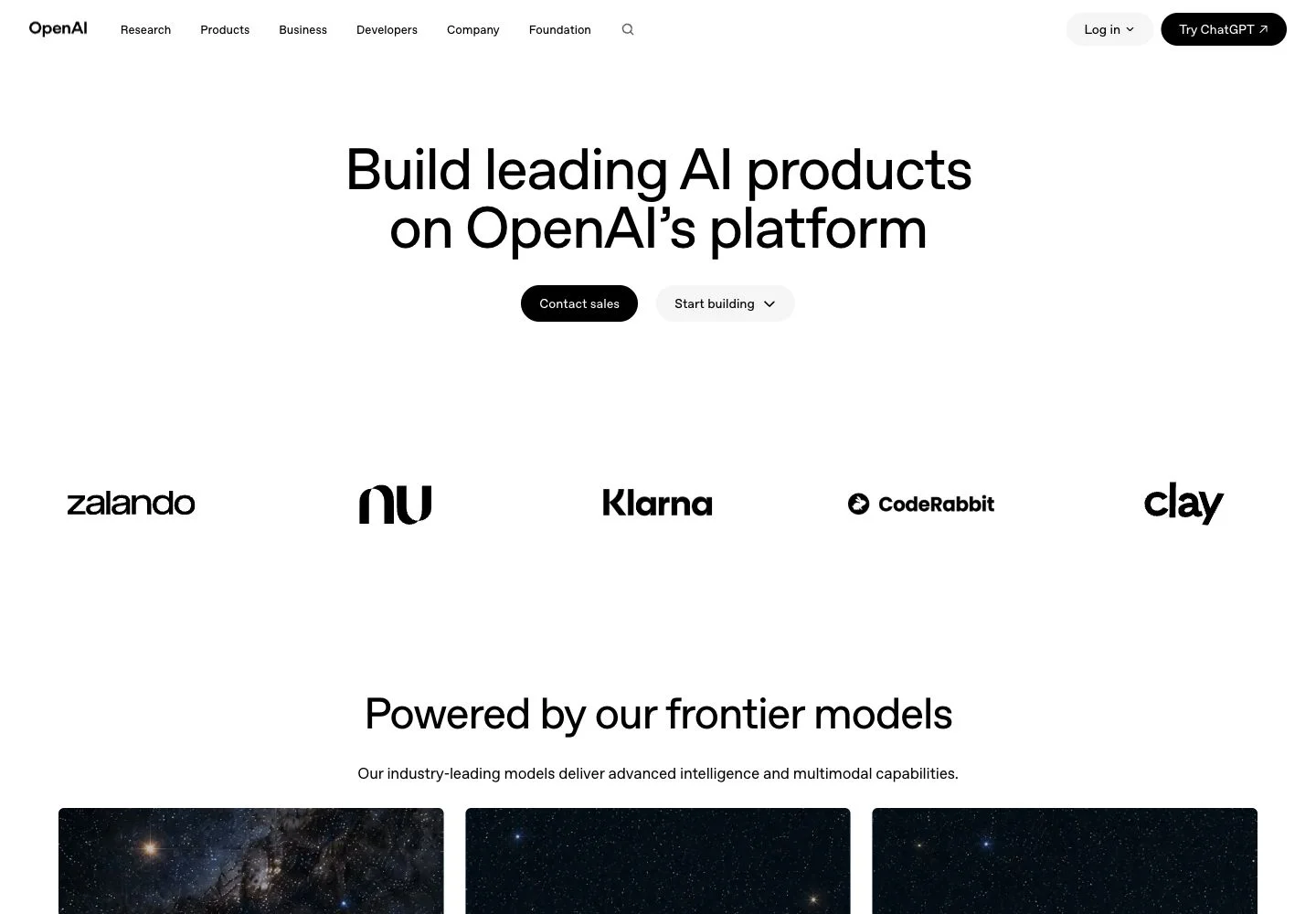 Screenshot of the official OpenAI API landing page