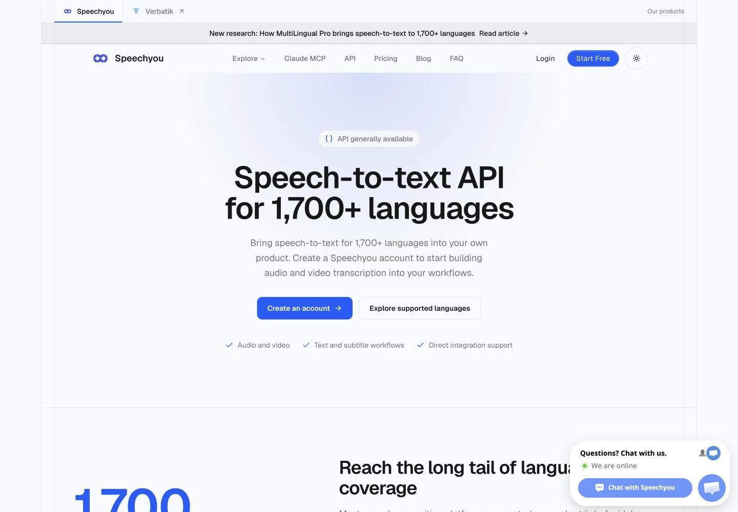 Screenshot of the official Speechyou speech-to-text API landing page