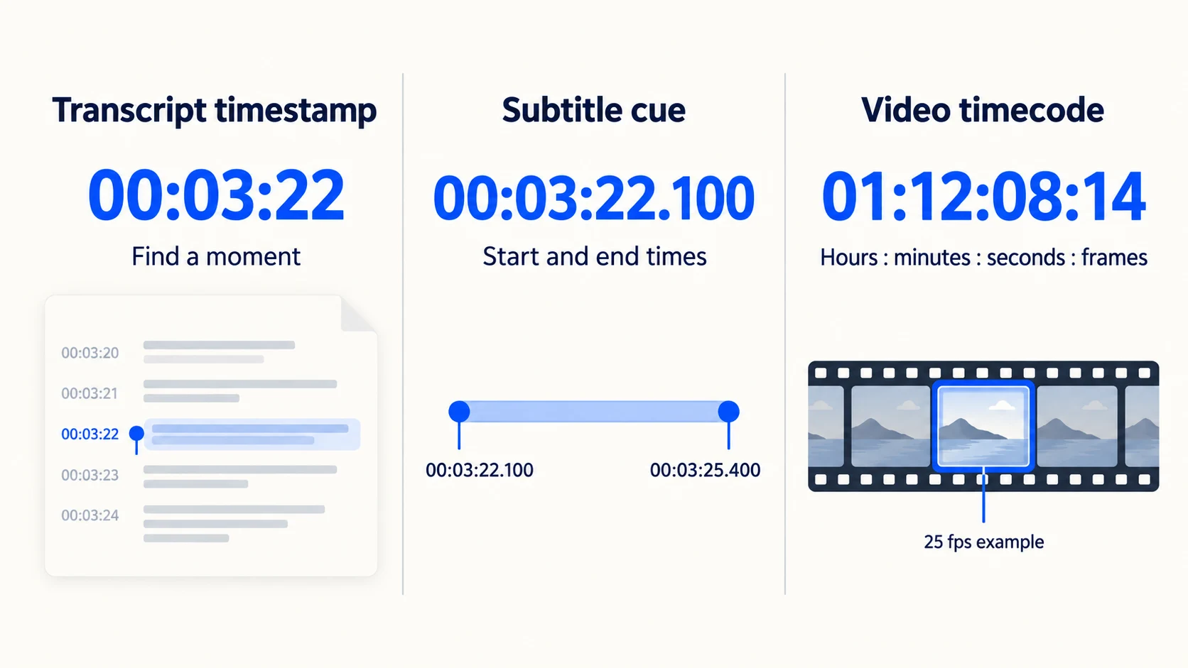 Comparison of a transcript timestamp, a subtitle cue with start and end boundaries, and video timecode with a frame field