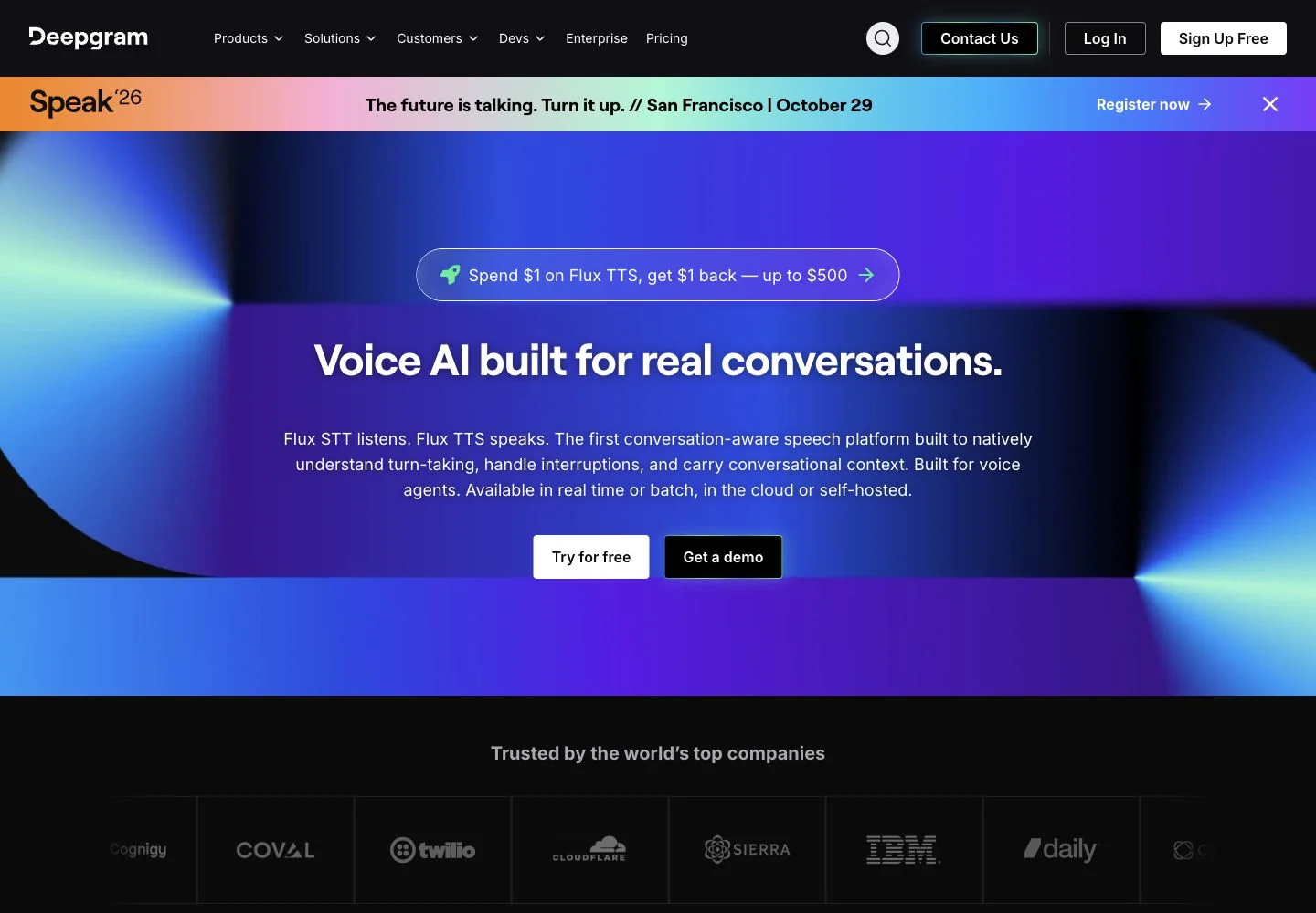 Screenshot of the official Deepgram landing page