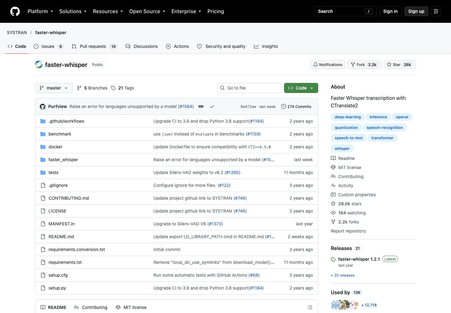 Screenshot of the official SYSTRAN faster-whisper repository page on GitHub