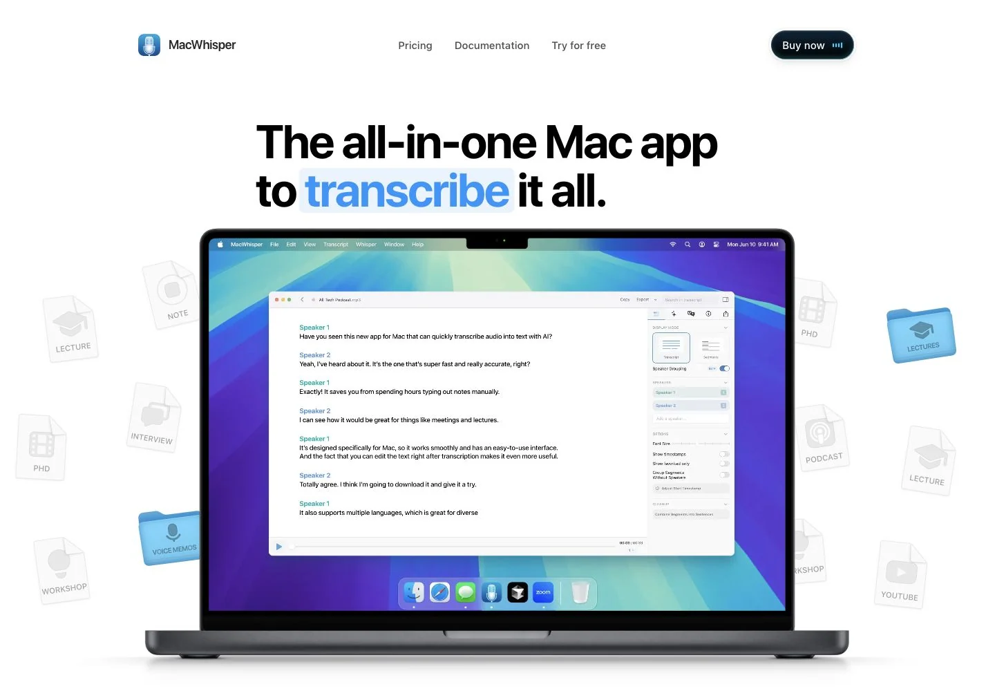 Screenshot of the official MacWhisper landing page