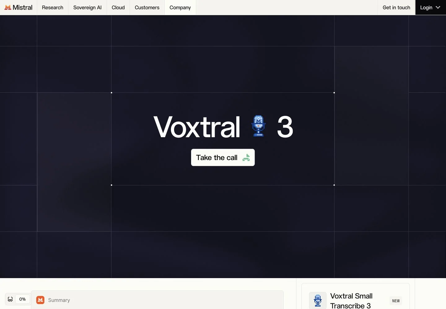Screenshot of the official Mistral Voxtral 3 product announcement page