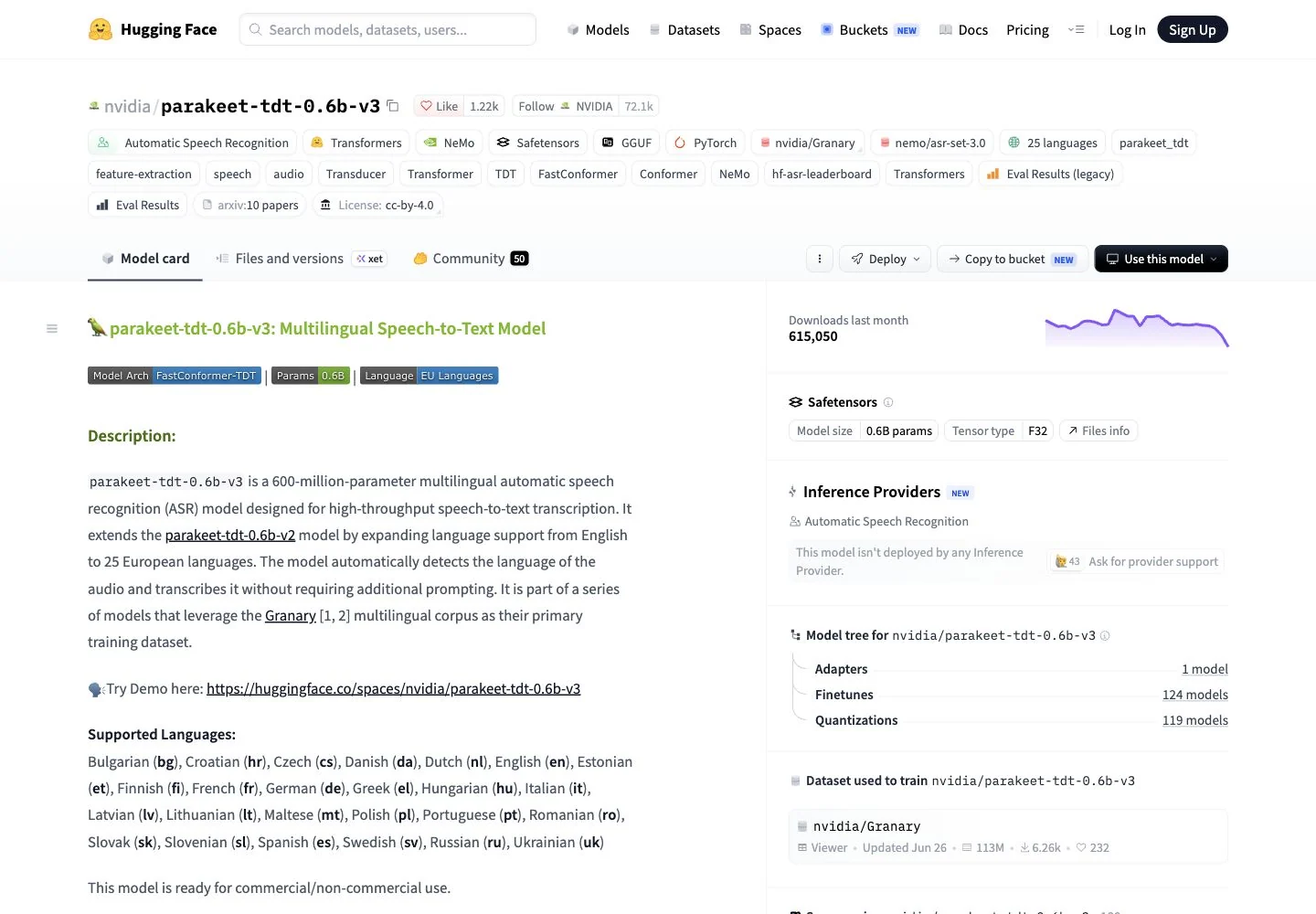 Screenshot of the official NVIDIA Parakeet TDT 0.6B v3 model page on Hugging Face