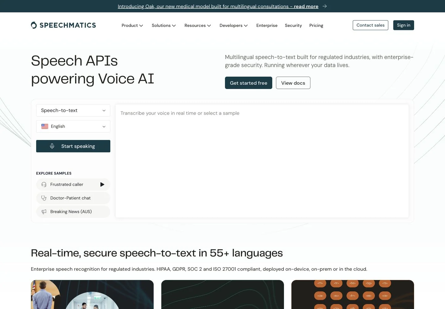 Screenshot of the official Speechmatics landing page