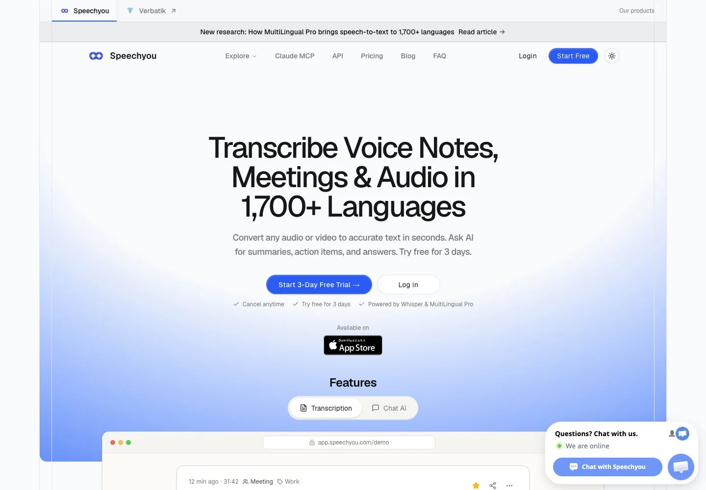 Screenshot of the official Speechyou landing page