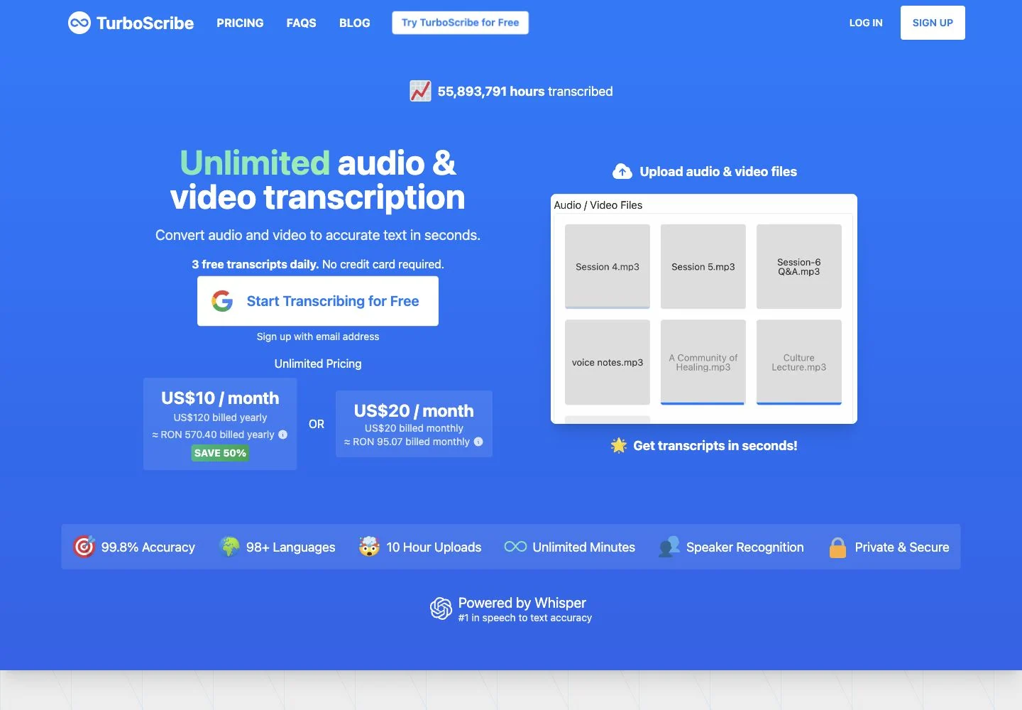 Screenshot of the official TurboScribe landing page